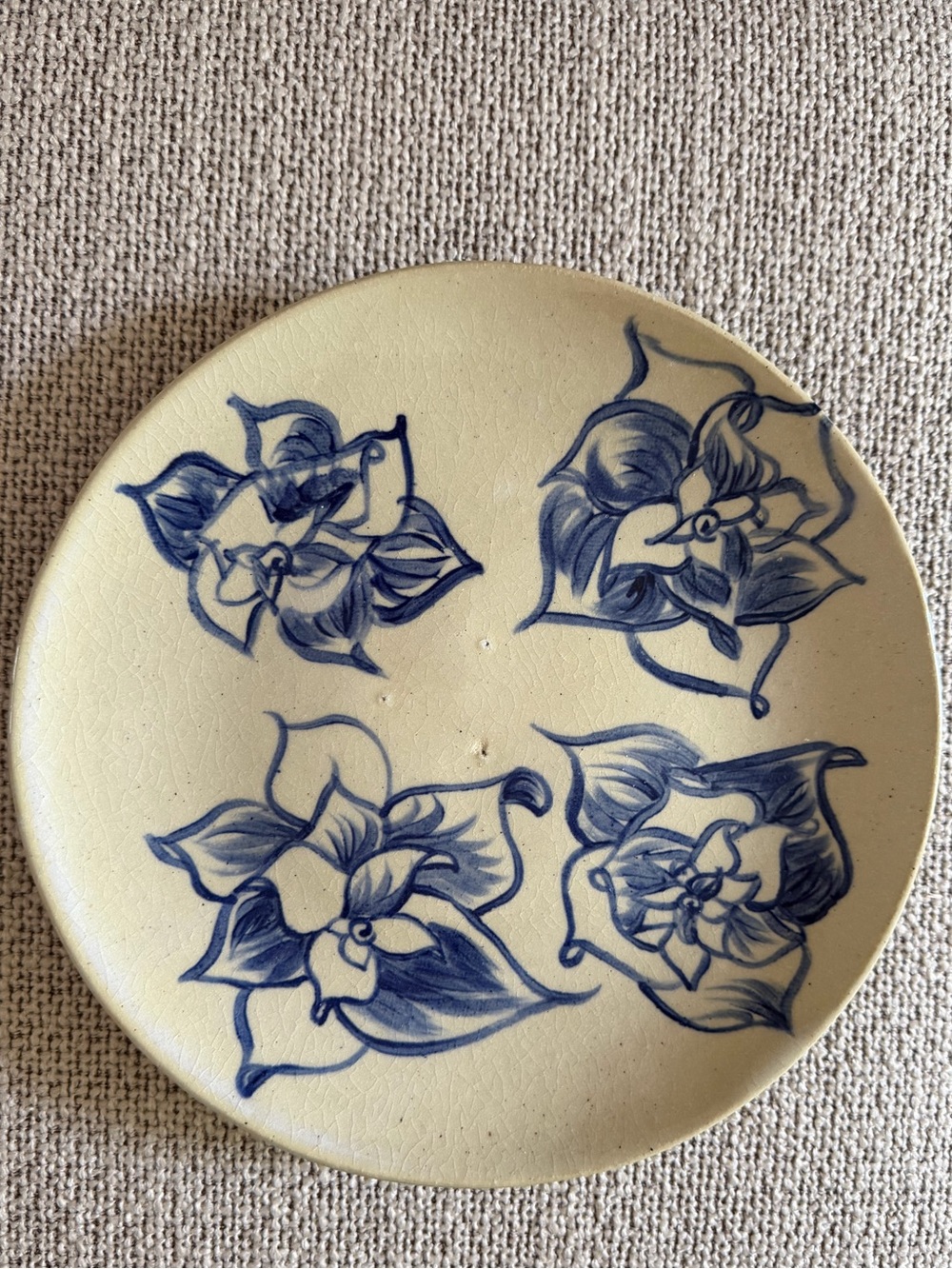 Vintage 10” Signed Blue Floral Artisan Footed Pottery Plate